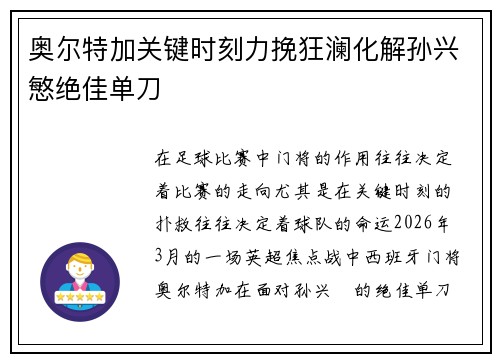 奥尔特加关键时刻力挽狂澜化解孙兴慜绝佳单刀 奥尔特加关键时刻力挽狂澜化解孙兴慜绝佳单刀