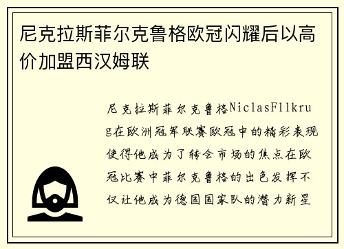 尼克拉斯菲尔克鲁格欧冠闪耀后以高价加盟西汉姆联