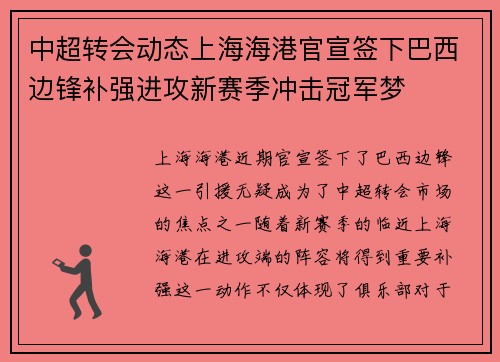 中超转会动态上海海港官宣签下巴西边锋补强进攻新赛季冲击冠军梦