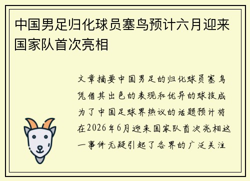中国男足归化球员塞鸟预计六月迎来国家队首次亮相 中国男足归化球员塞鸟预计六月迎来国家队首次亮相